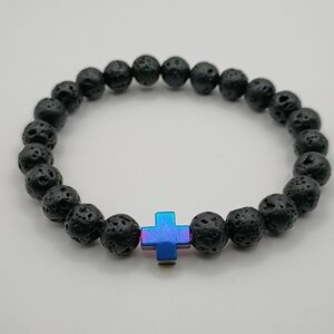 Black Lava Stone Bracelet Iridescent Multicolor Cross Men's Jewelry Size 7 New